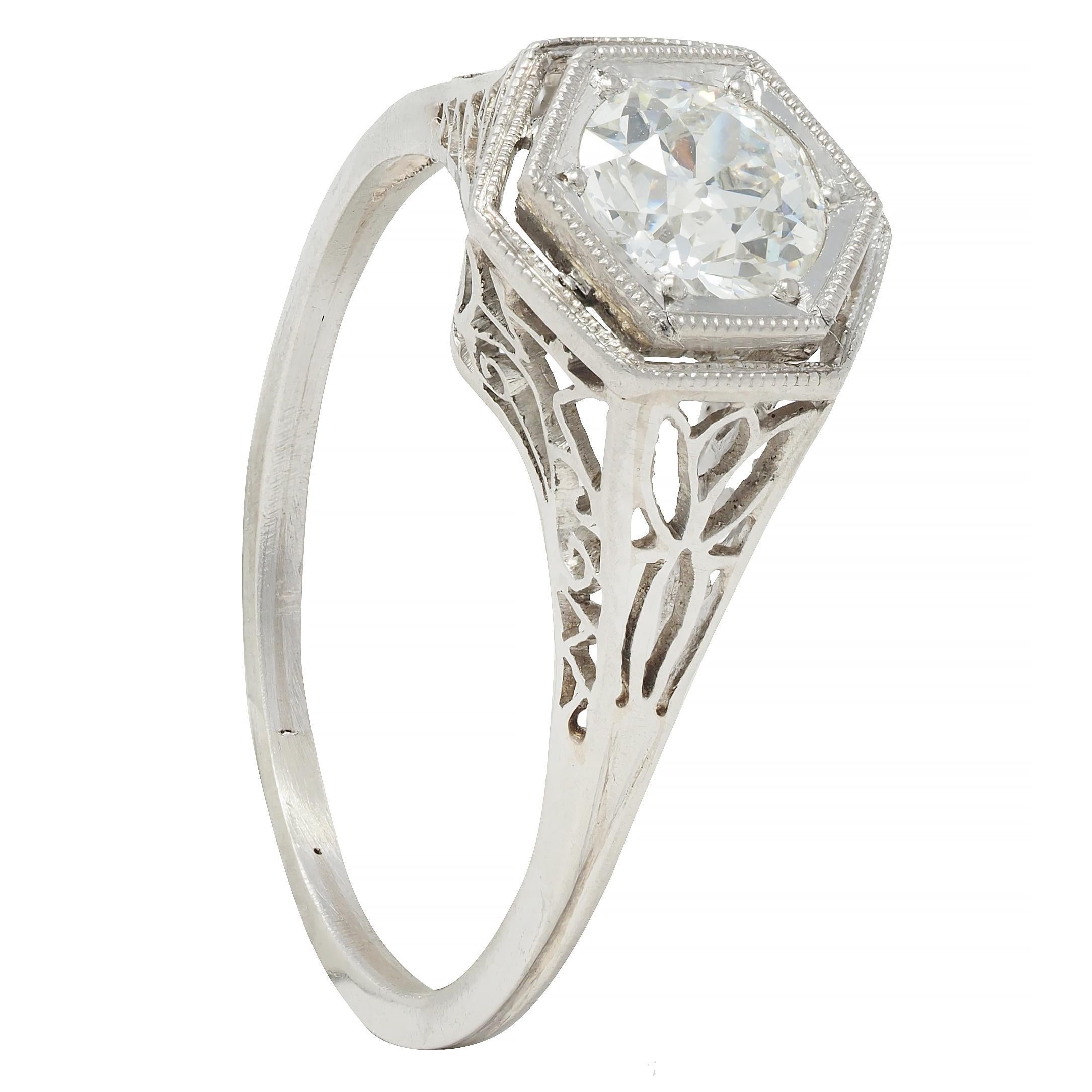 Art Deco Vintage Old European Diamond Platinum Scrolling Lotus Engagement Ring For Sale 4
