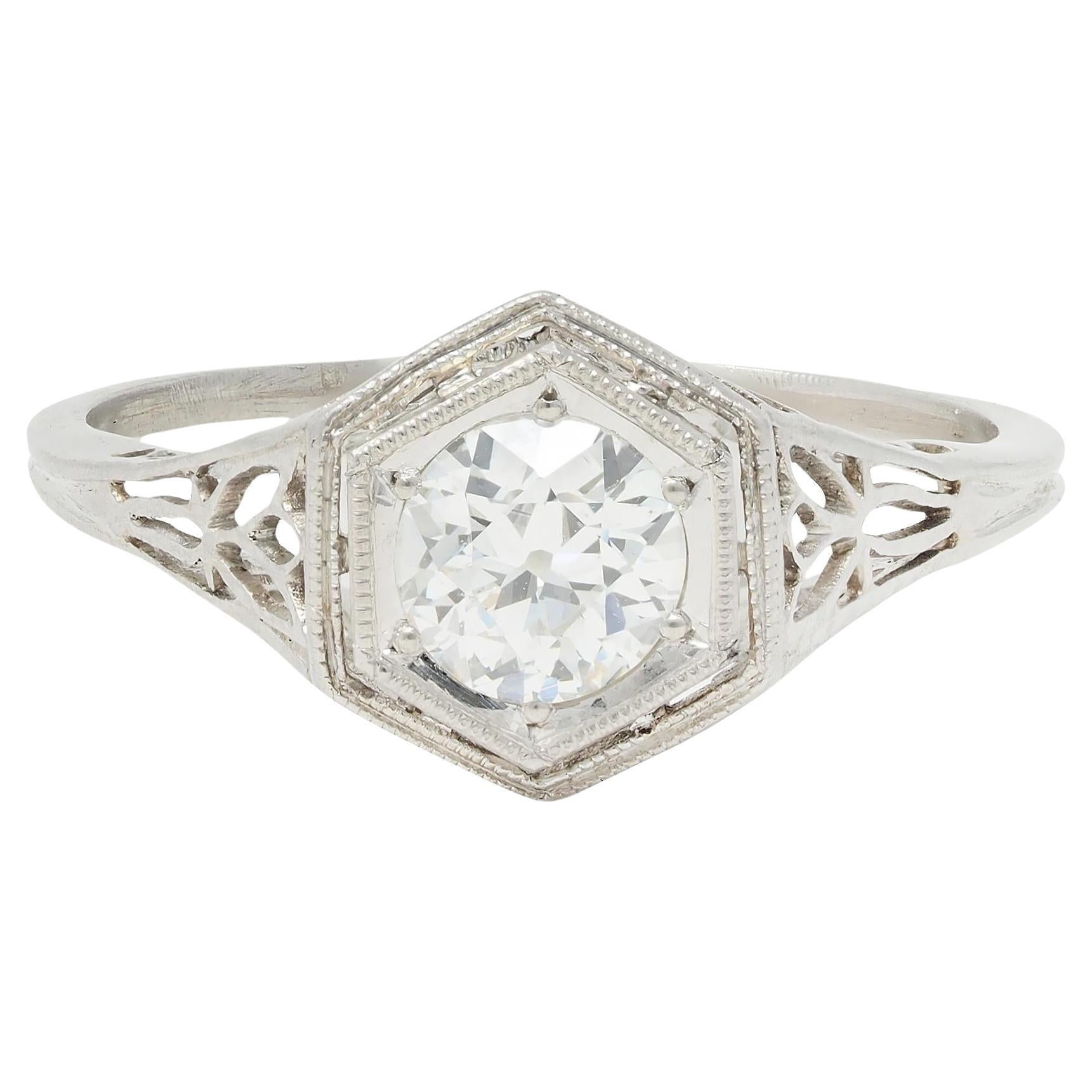 Art Deco Vintage Old European Diamond Platinum Scrolling Lotus Engagement Ring For Sale