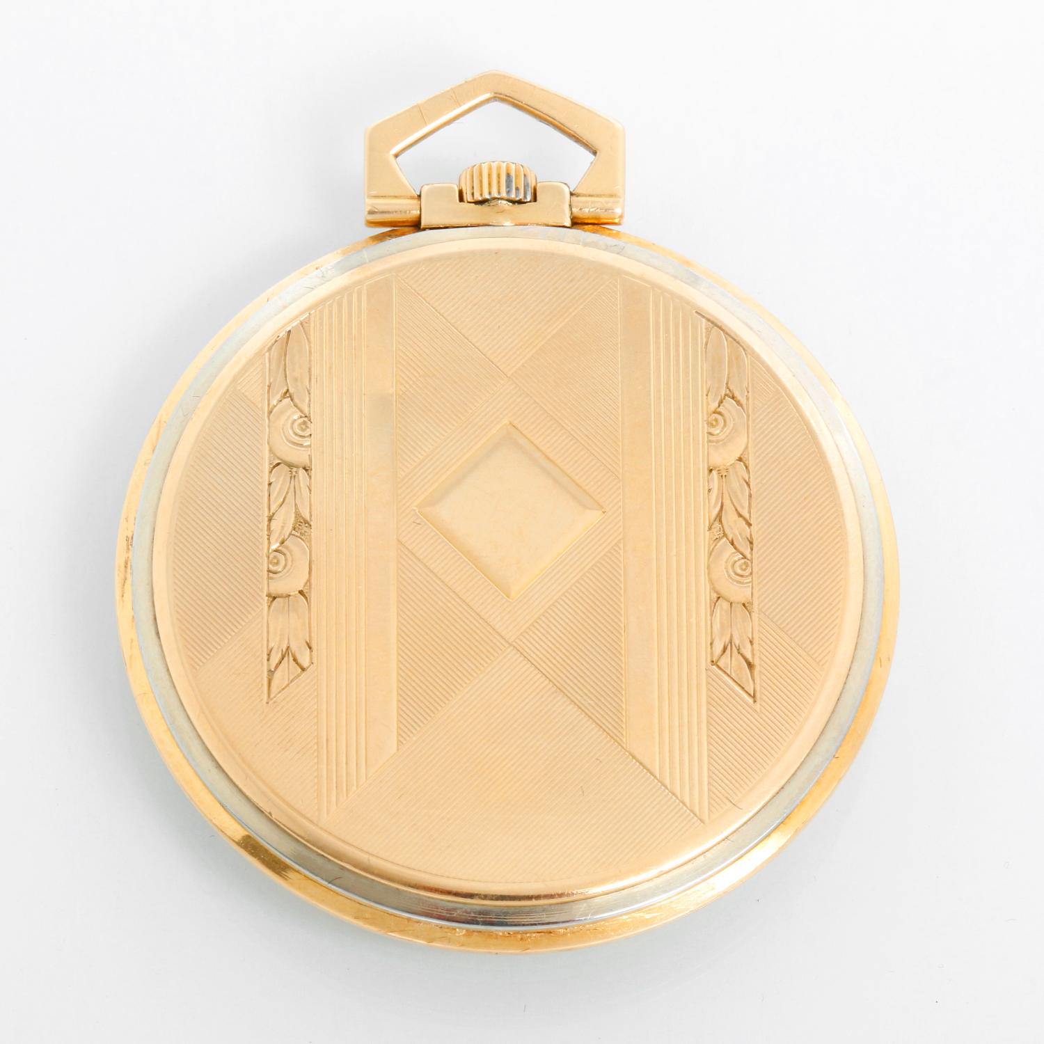 Art Deco Vintage Omega 18K Yellow Gold Pocket Watch - Manual winding. 18k Two-tone white and yellow gold case with ornately engraved case back and blank initial shield (44 mm ). Champagne dial with Arabic numerals. Pre-owned with custom box. Circa