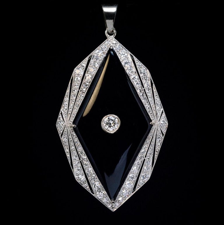 Art Deco Vintage Onyx Diamond Platinum Pendant For Sale at 1stDibs