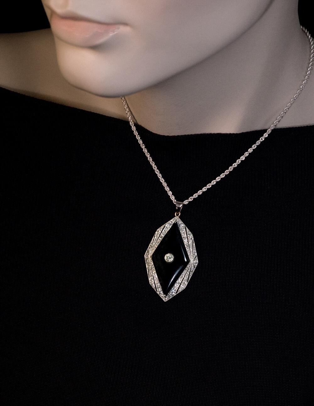 Old European Cut Art Deco Vintage Onyx Diamond Platinum Pendant For Sale