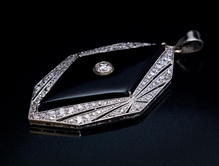 Art Deco Vintage Onyx Diamond Platinum Pendant For Sale at 1stDibs