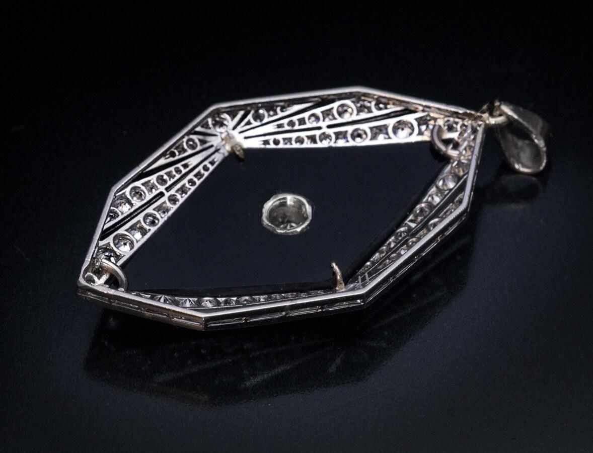 Women's or Men's Art Deco Vintage Onyx Diamond Platinum Pendant For Sale
