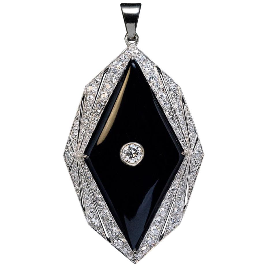 Art Deco Vintage Onyx Diamond Platinum Pendant