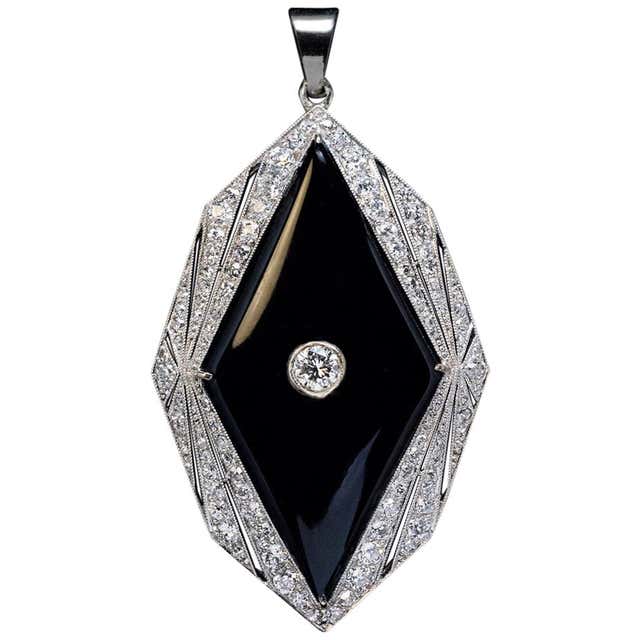 Vintage Art Deco Onyx Diamond 14k Gold Pendant Brooch, Circa 1970 For ...
