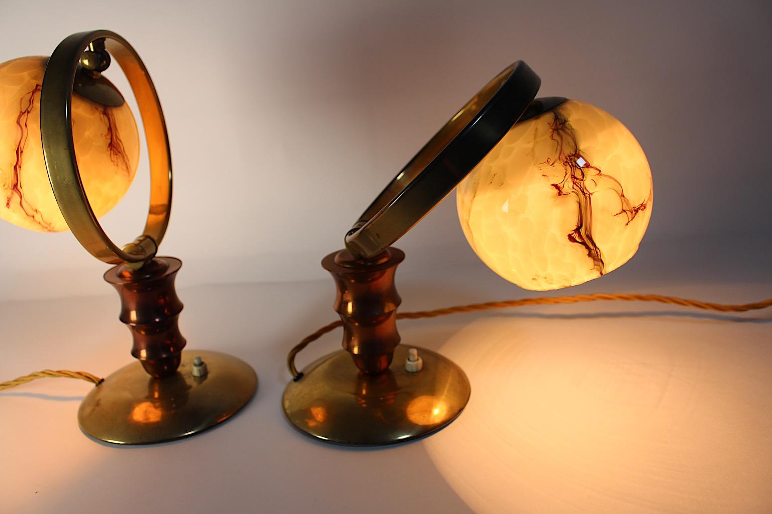 Art Deco Vintage Pair Duo Brass Copper Marbled Glass Nightstand Lamps Table Lamp For Sale 9