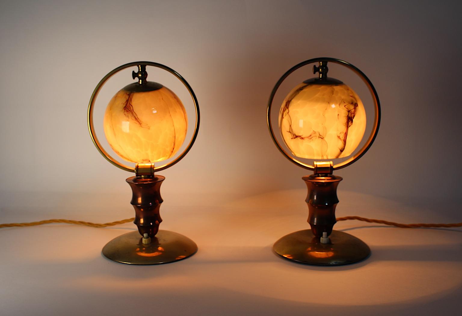 Art Deco Vintage Pair Duo Brass Copper Marbled Glass Nightstand Lamps Table Lamp In Good Condition For Sale In Vienna, AT