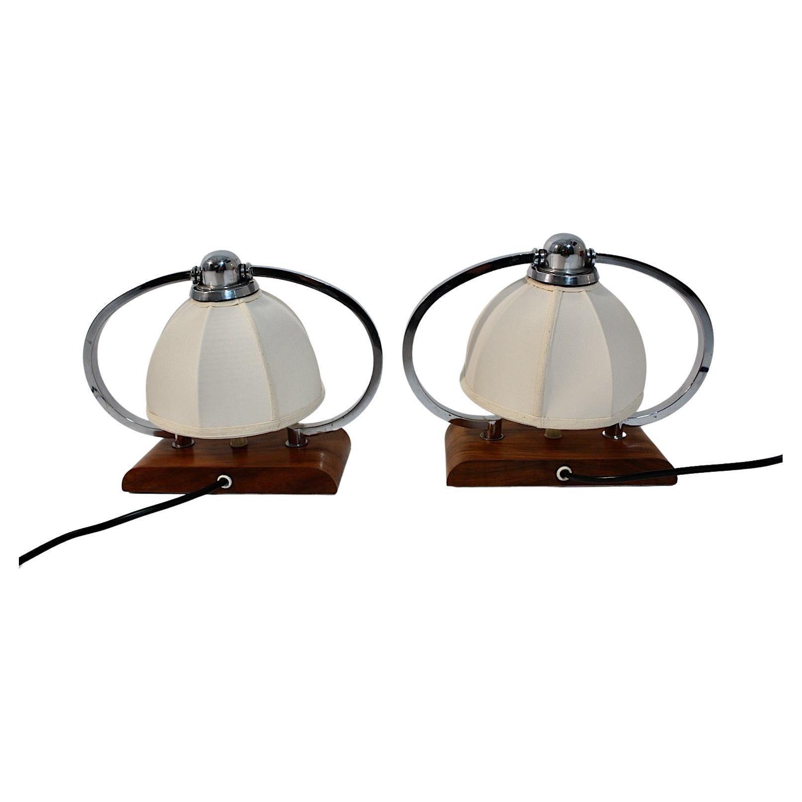 Art Deco Vintage Pair of Bedside Lamps Table Lamps Walnut Chromed Metal c 1925