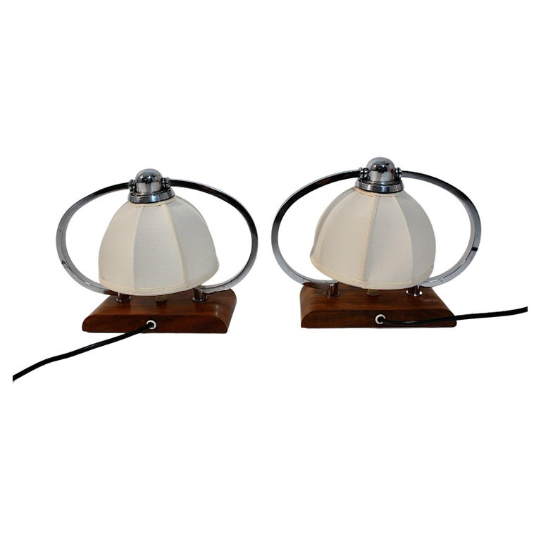 Art Deco Vintage Pair of Bedside Lamps Table Lamps Walnut Chromed Metal