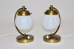 Art Deco Vintage Pair Brass Opaline Glass Table Lamps Sconces Bedside Lamps 1930