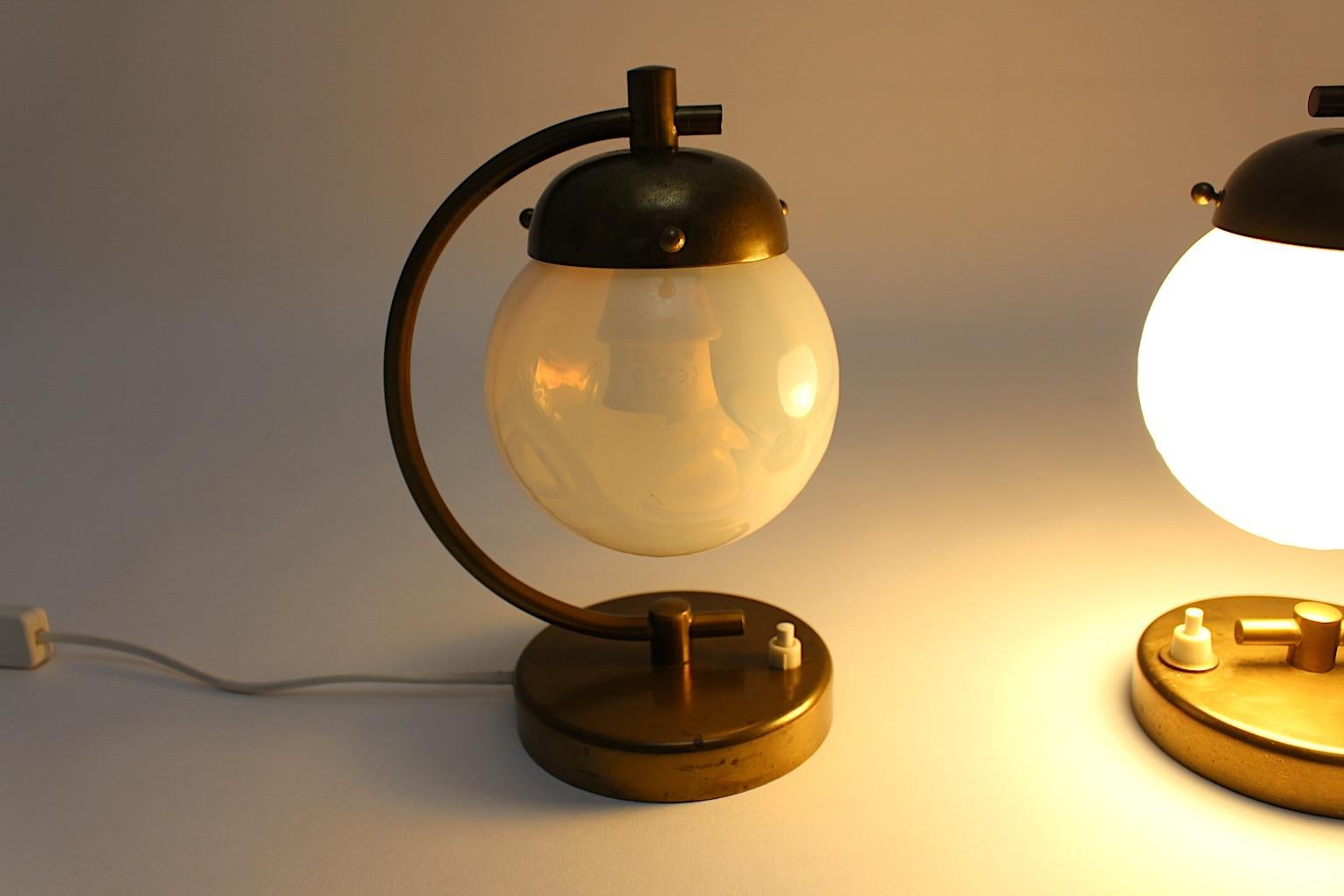 Austrian Art Deco Vintage Pair Brass Opaline Glass Table Lamps Sconces Bedside Lamps 1930 For Sale