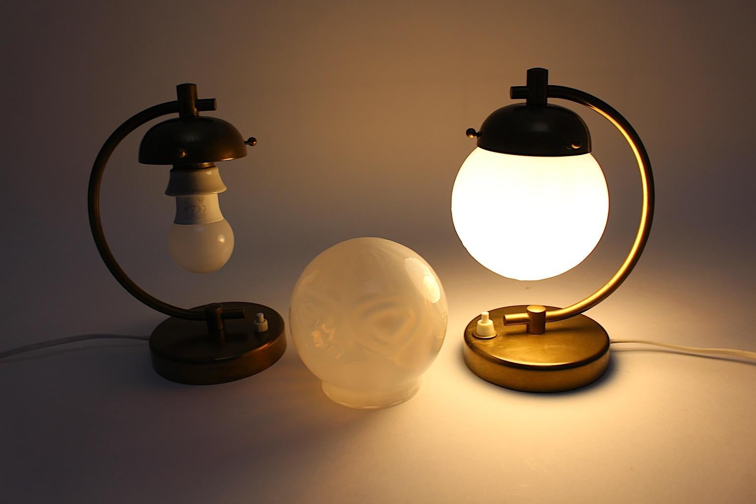 Mid-20th Century Art Deco Vintage Pair Brass Opaline Glass Table Lamps Sconces Bedside Lamps 1930 For Sale