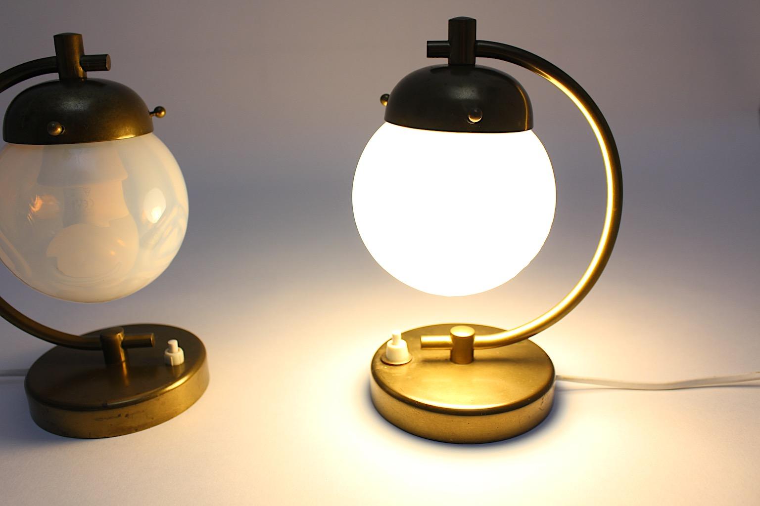 Art Deco Vintage Pair Brass Opaline Glass Table Lamps Sconces Bedside Lamps 1930 For Sale 2
