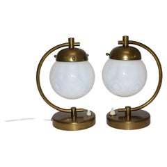 Art Deco Vintage Pair Brass Opaline Glass Table Lamps Sconces Bedside Lamps 1930