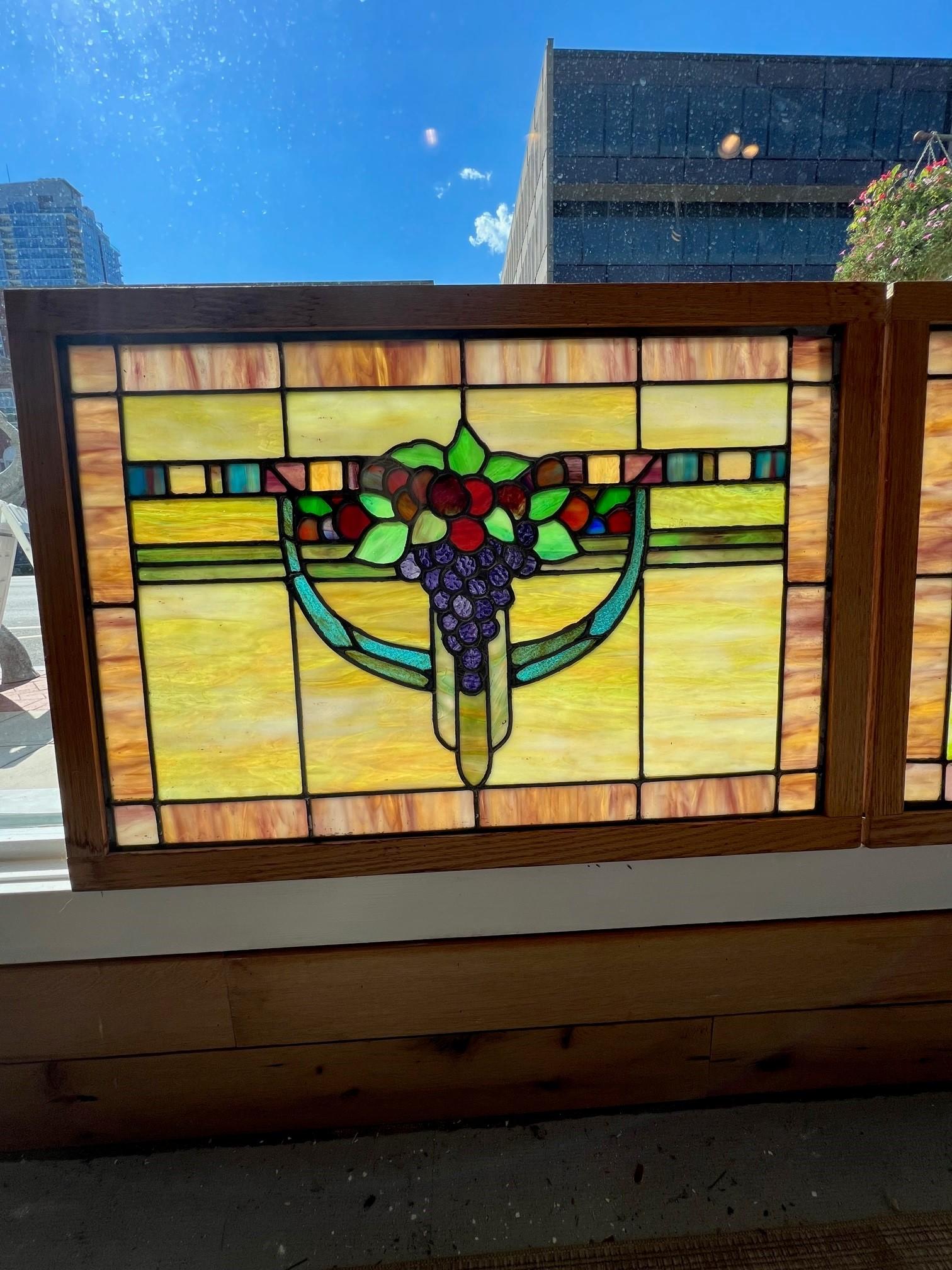Art Deco Vintage Pair of Stained Glass Windows with Grapes Oak Frame In Good Condition For Sale In Stamford, CT