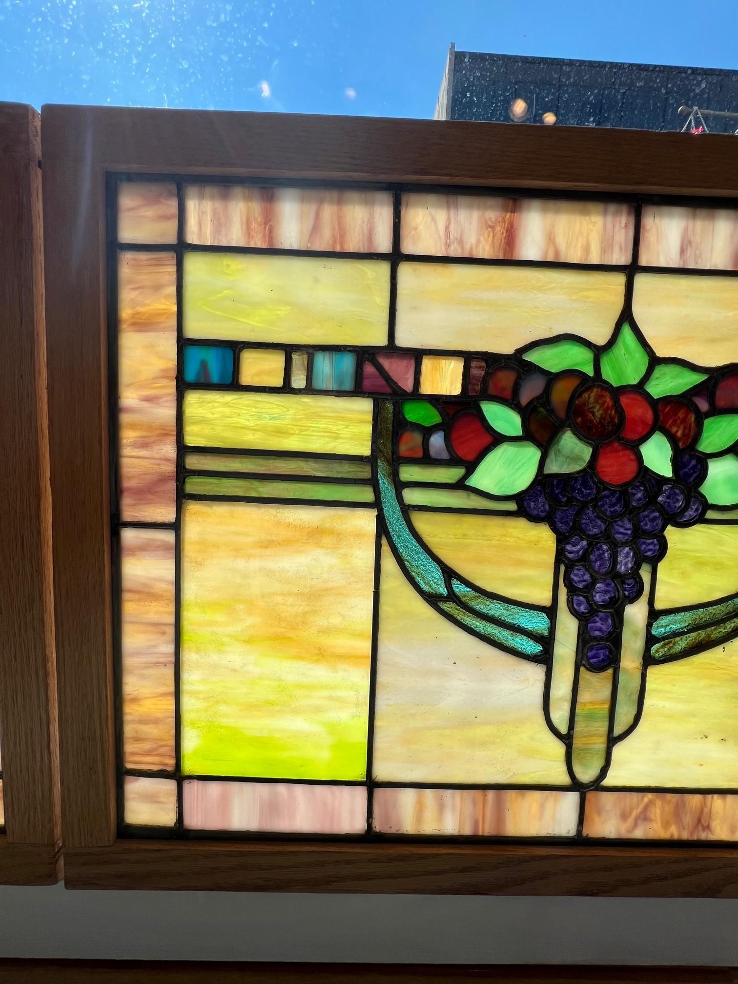 20th Century Art Deco Vintage Pair of Stained Glass Windows with Grapes Oak Frame For Sale