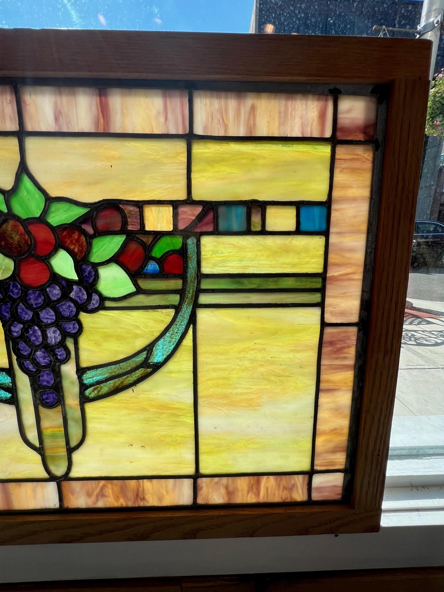 Art Deco Vintage Pair of Stained Glass Windows with Grapes Oak Frame For Sale 1