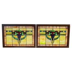 Art Deco Vintage Paire de Vitraux avec Raisins Cadre en Oak