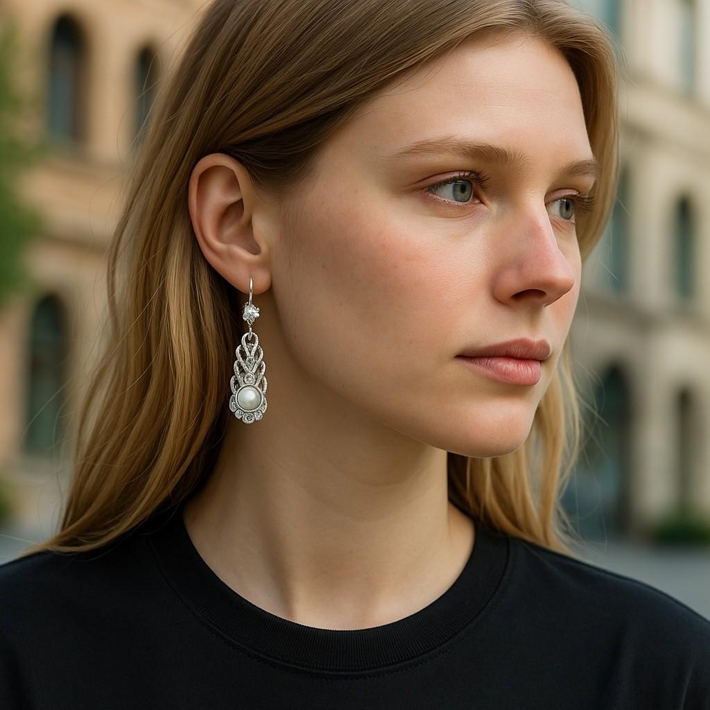 Wir stellen unsere exquisiten Art Deco Vintage Perlen- und Diamantohrringe vor, eine zeitlose Mischung aus Eleganz und Raffinesse. Diese mit viel Liebe zum Detail gefertigten Ohrringe sind eine atemberaubende Verkörperung der glamourösen