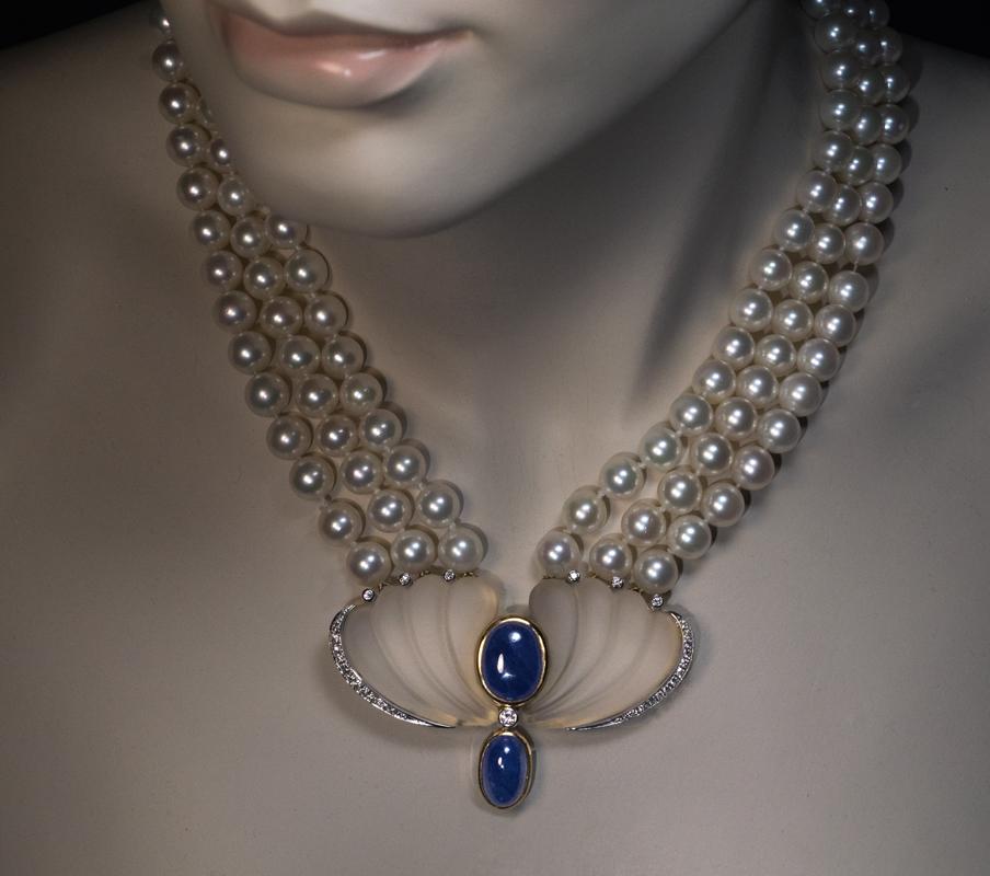 Vintage Art Deco Vintage Perle Saphir Diamant Bergkristall Halskette (Art déco)