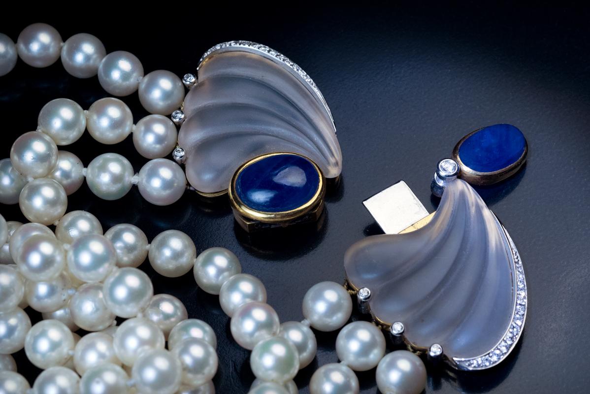 Vintage Art Deco Vintage Perle Saphir Diamant Bergkristall Halskette im Zustand „Hervorragend“ in Chicago, IL