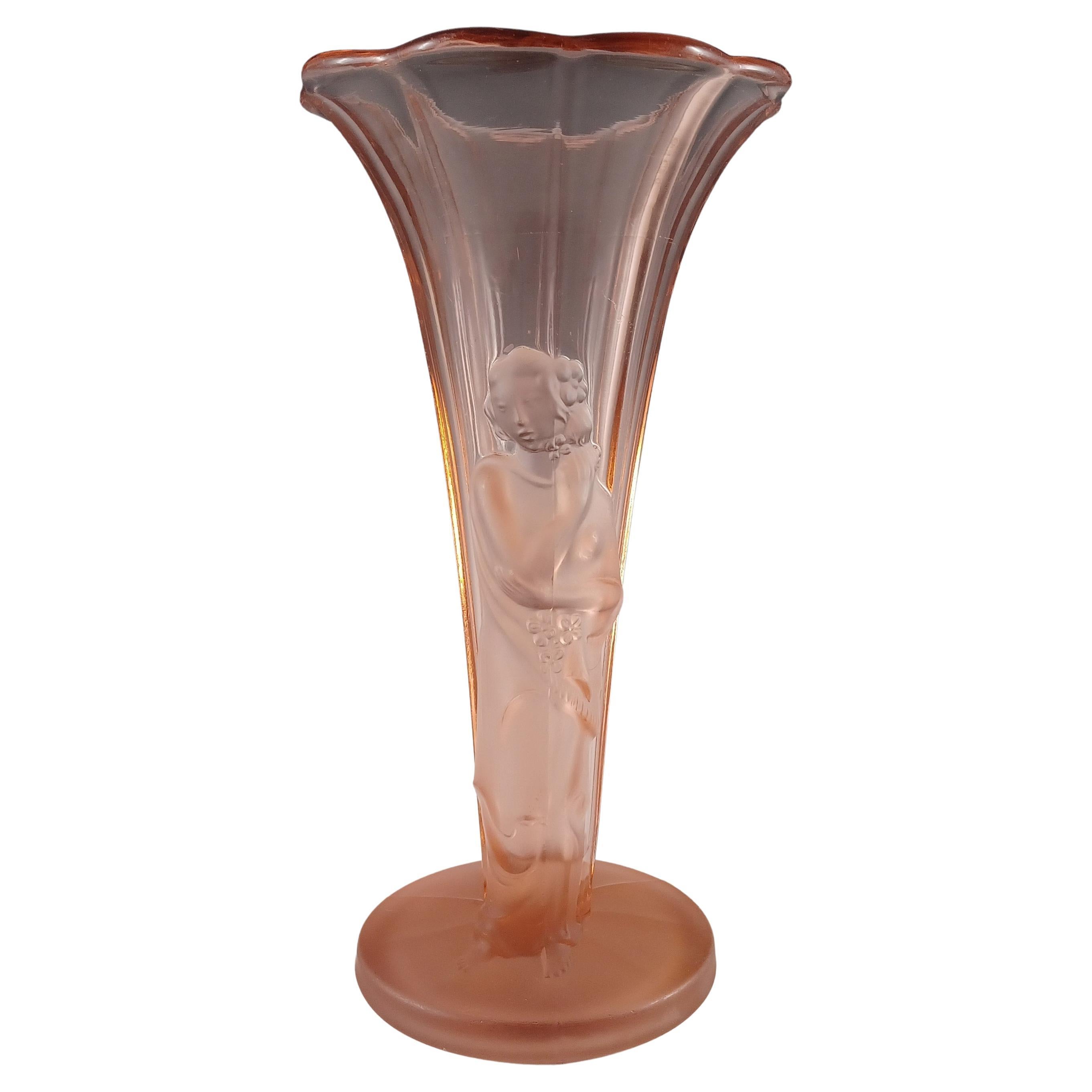 Art Deco Vintage Pink Frosted Glass Oriental Lady Vase