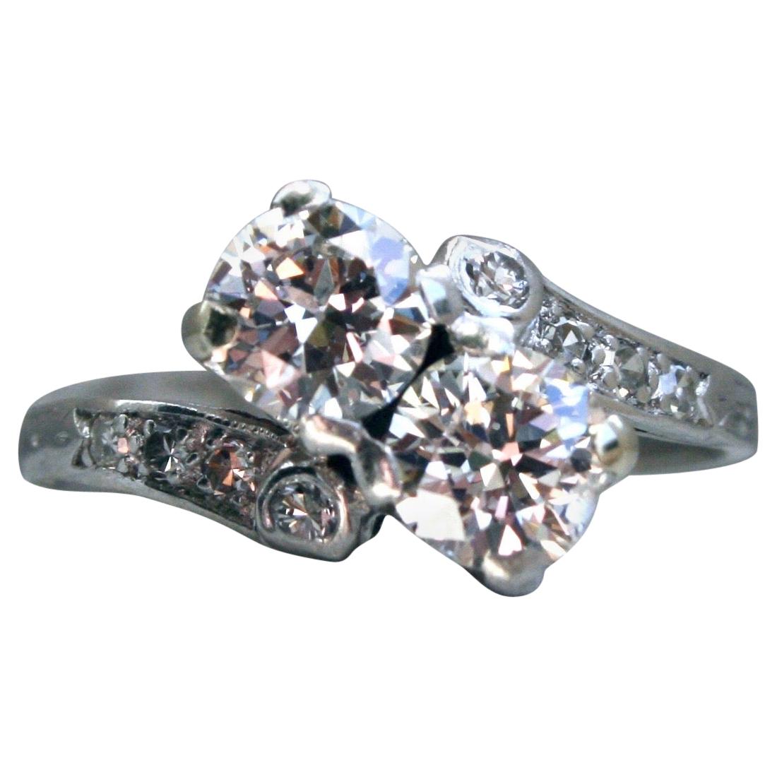 Art Deco Vintage Platinum Diamond Twin-Stone/ Toi Et Moi Ring, 1.72 Carat