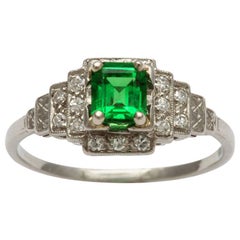 Art Deco Retro Platinum Ring with Emerald Tsavorite and Diamonds