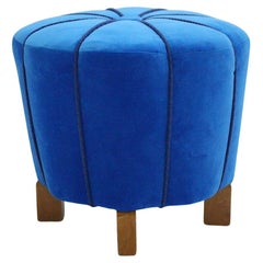 Art Deco Vintage Pouf or Stool Stellar Blue Velvet Beech, 1930s, Austria