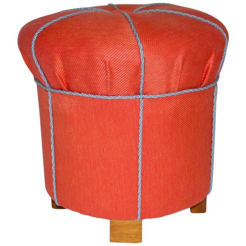 Art Deco Vintage Red Fabric Beech Pouf Austria, circa 1930