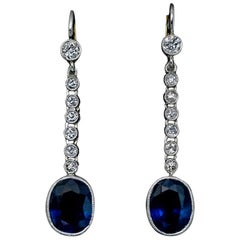 Art Deco Vintage Sapphire Diamond Platinum Dangle Earrings