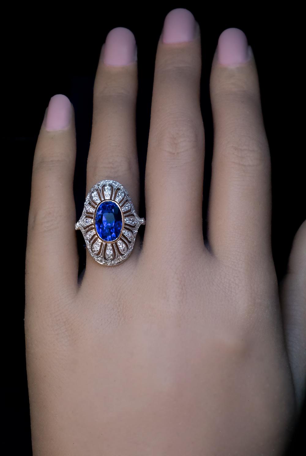 Oval Cut Art Deco Sapphire Diamond Platinum Ring