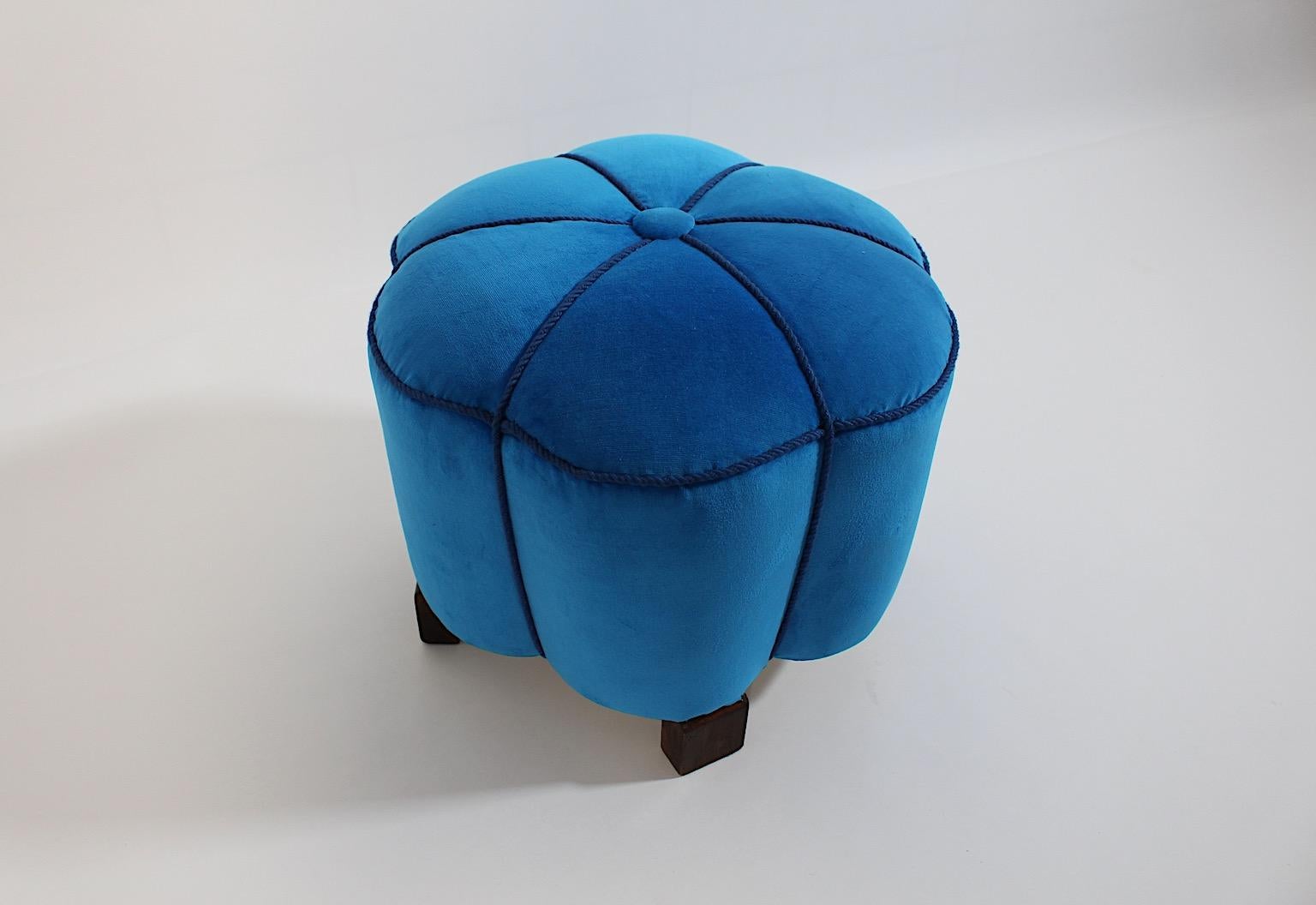 Art Decó Vintage Estrellado como Puf Taburete Haya Azul Terciopelo 1930s Austria en venta 2