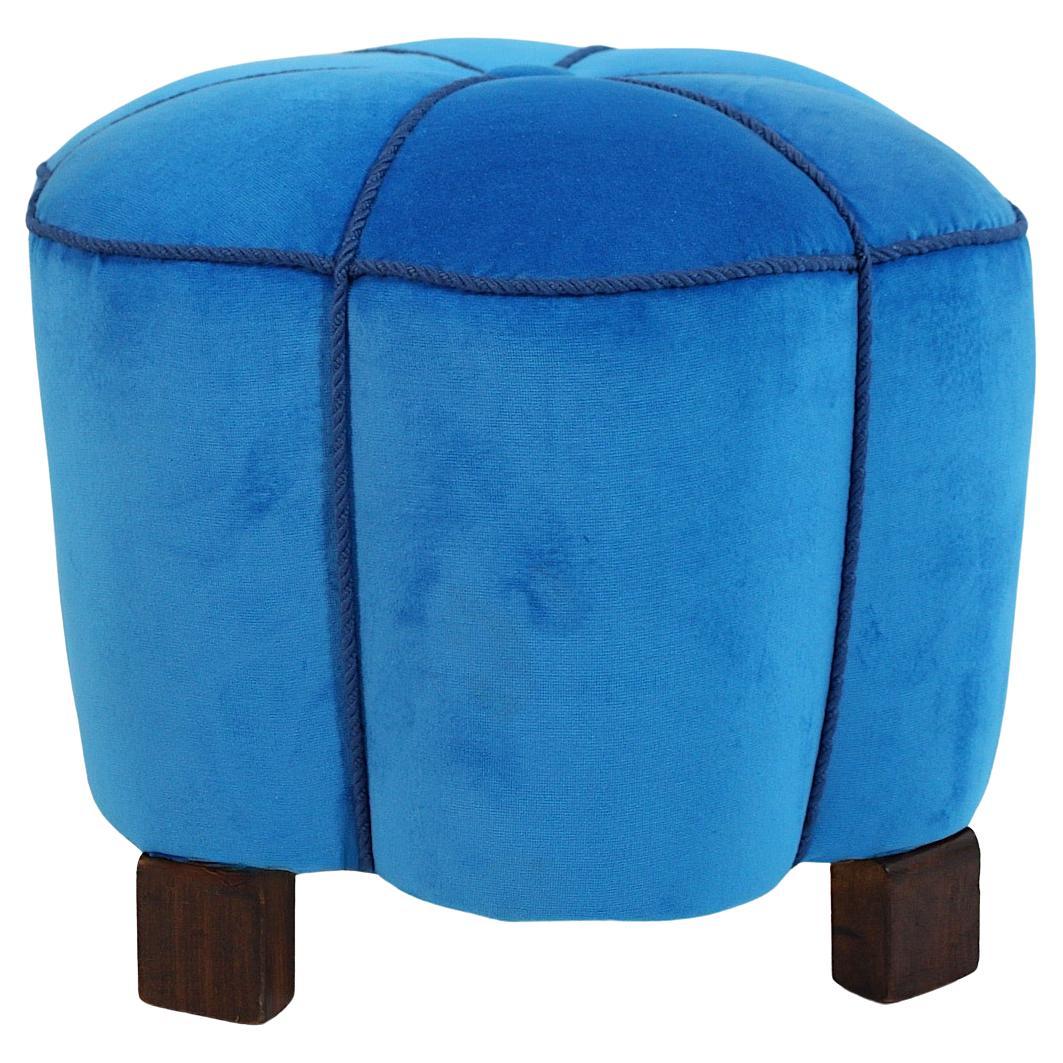 Art Decó Vintage Estrellado como Puf Taburete Haya Azul Terciopelo 1930s Austria
