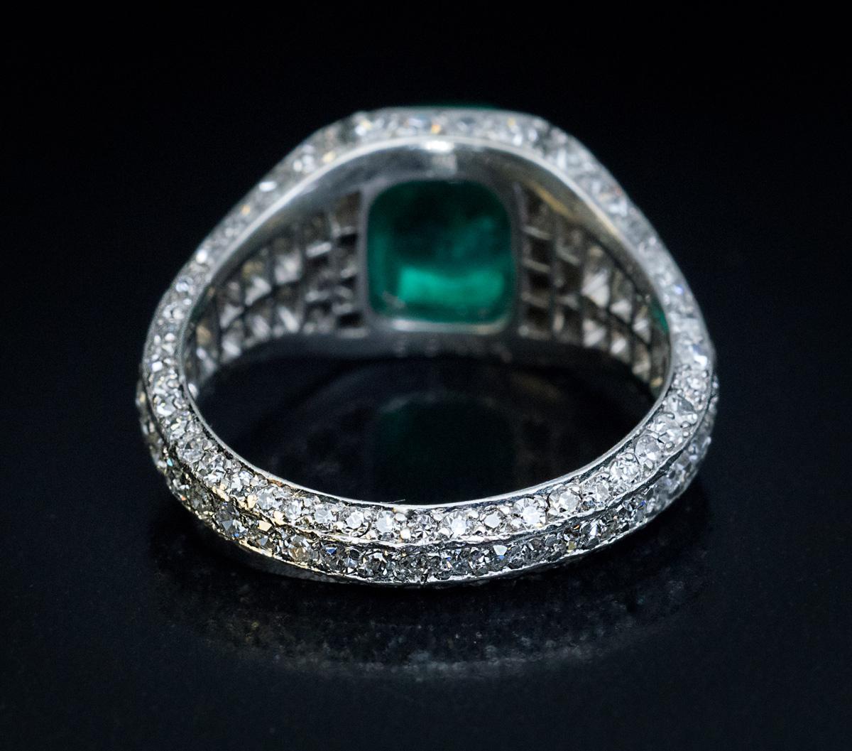 Art Deco Vintage Sugarloaf Emerald Diamond Platinum Engagement Ring 1