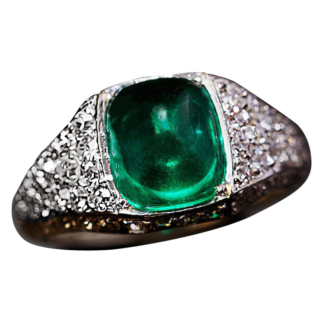 Art Deco Vintage Sugarloaf Emerald Diamond Platinum Engagement Ring