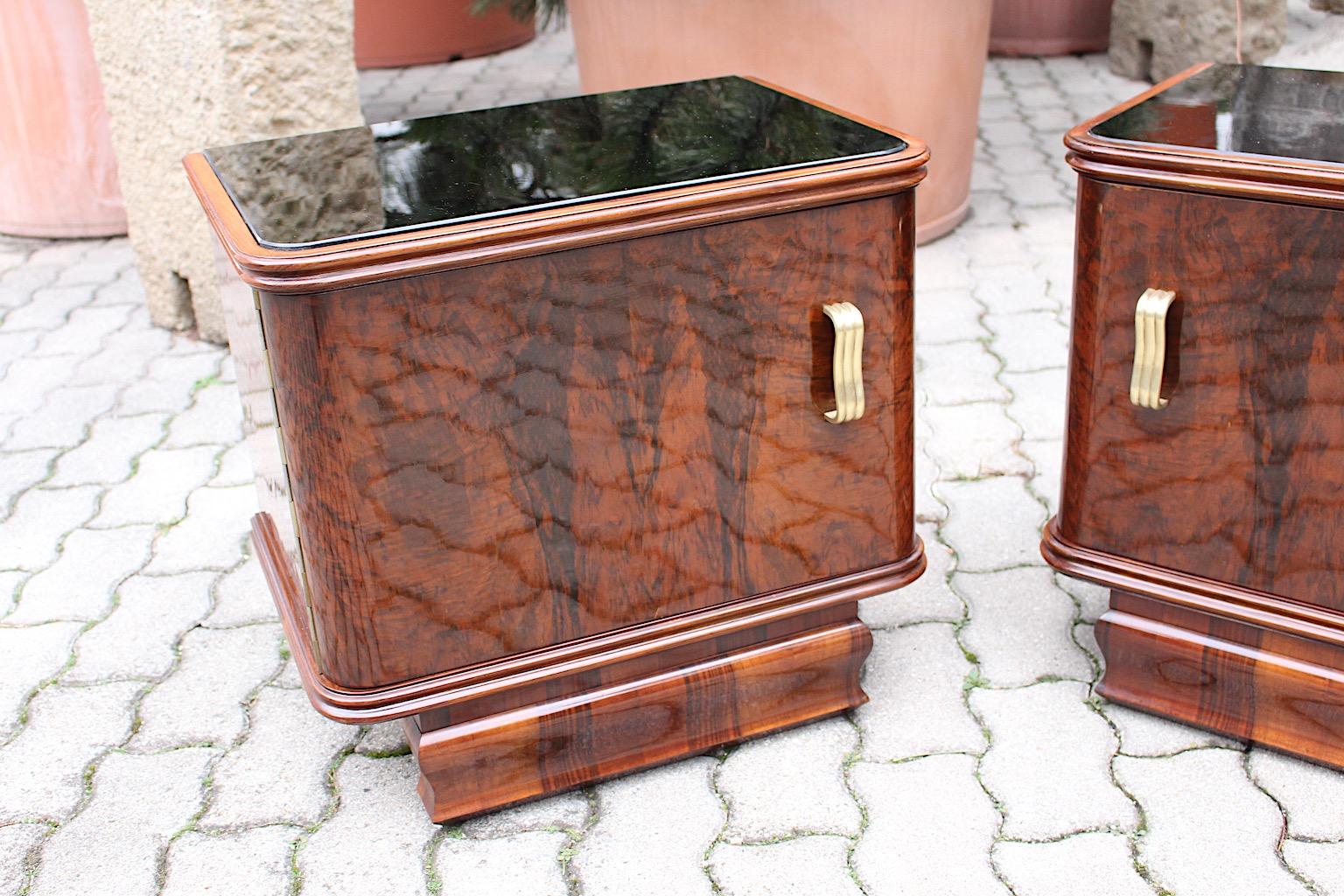 Austrian Art Deco Vintage Walnut Black Glass Brass Nightstands Duo Pair 1930s Austria For Sale