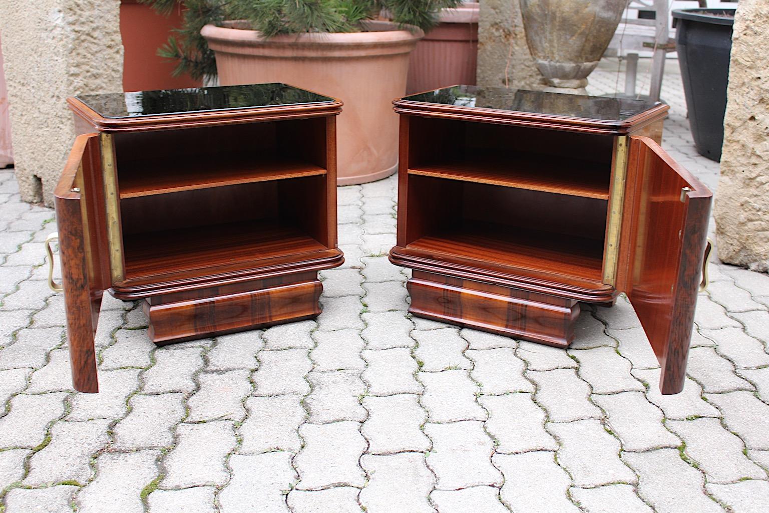 Art Deco Vintage Walnut Black Glass Brass Nightstands Duo Pair 1930s Austria In Good Condition For Sale In Vienna, AT