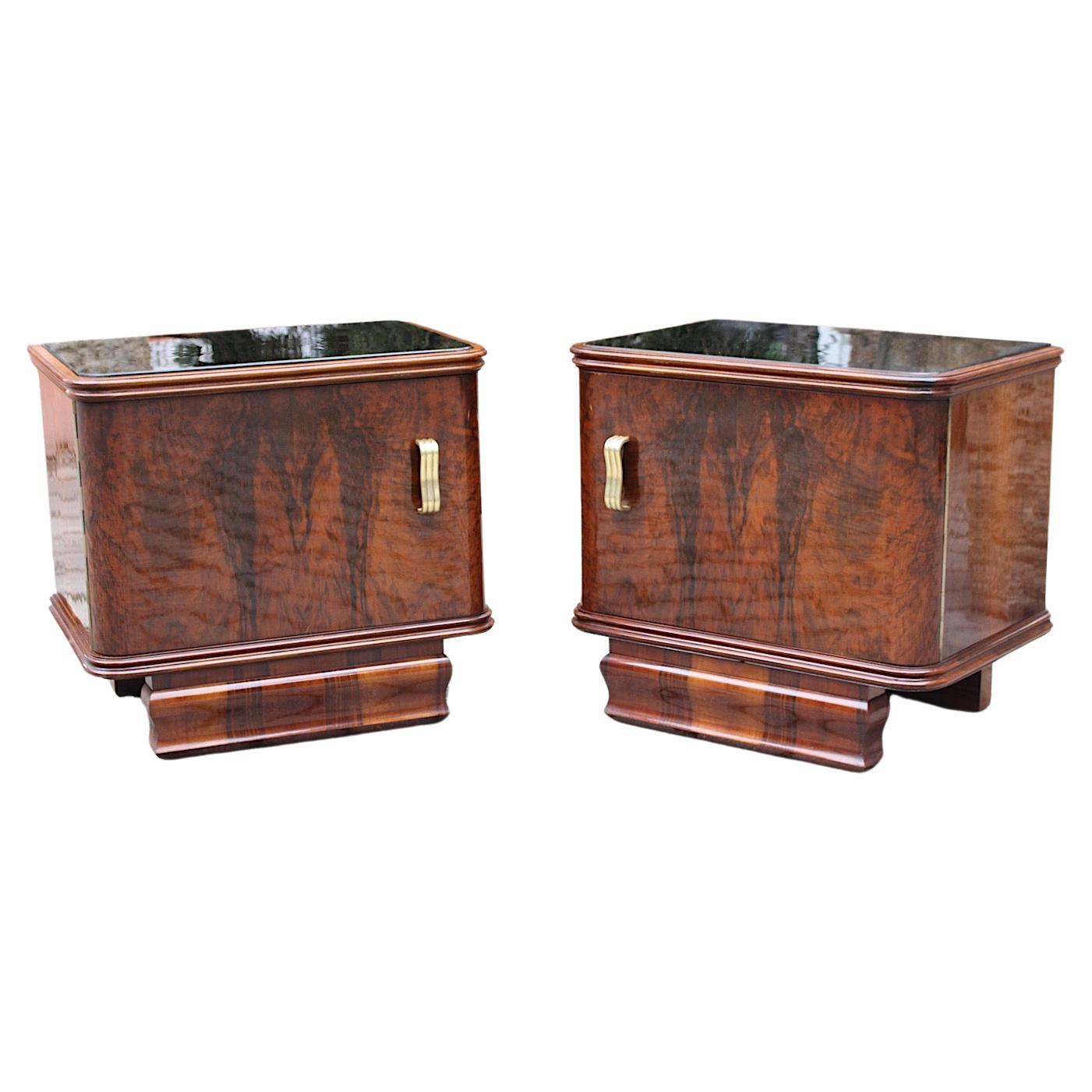 Art Deco Vintage Walnut Black Glass Brass Nightstands Duo Pair 1930s Austria