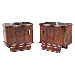 Art Deco Vintage Walnut Black Glass Brass Nightstands Duo Pair 1930s Austria