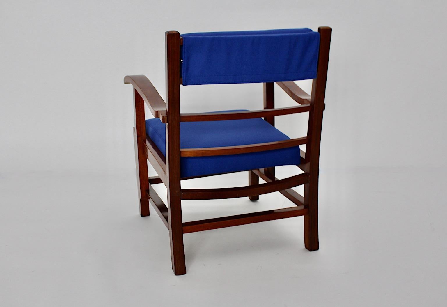 Austrian Art Deco Vintage Walnut Blue Fabric Armchair Lounge Chair circa 1925 Vienna For Sale