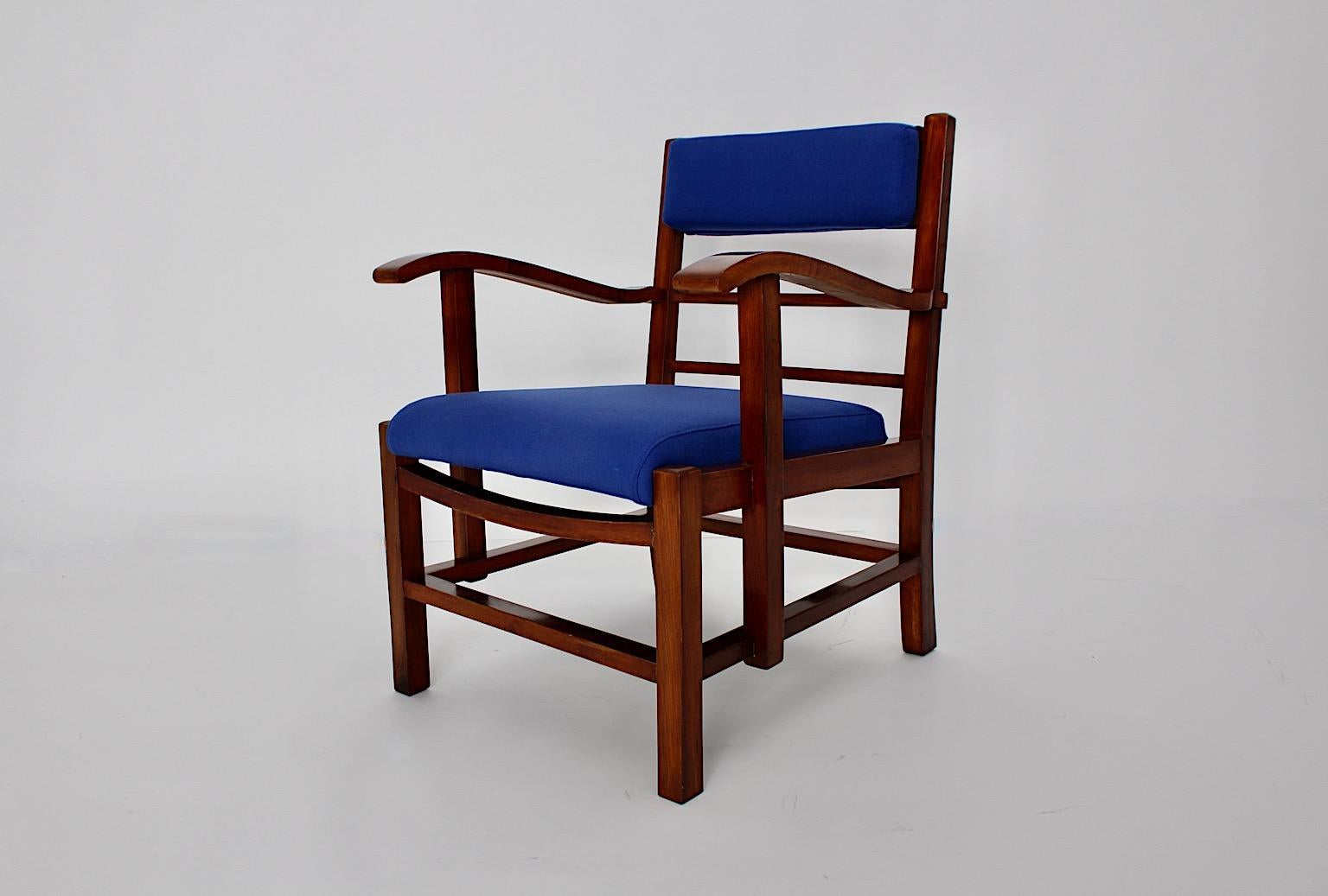 Early 20th Century Art Deco Vintage Walnut Blue Fabric Armchair Lounge Chair circa 1925 Vienna For Sale