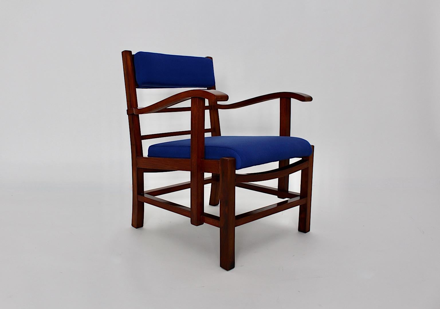 Art Deco Vintage Walnut Blue Fabric Armchair Lounge Chair circa 1925 Vienna For Sale 2