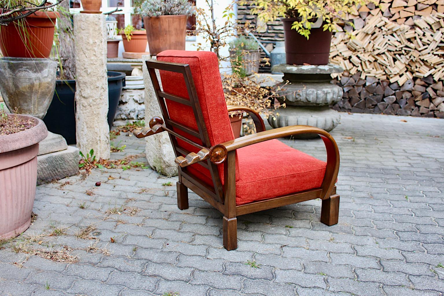 Austrian Art Deco Vintage Walnut Burnt Orange Armchair Lounge Chair circa 1925 Austria For Sale