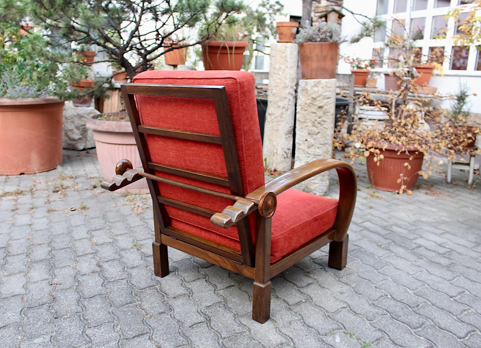 Early 20th Century Art Deco Vintage Walnut Burnt Orange Armchair Lounge Chair circa 1925 Austria For Sale