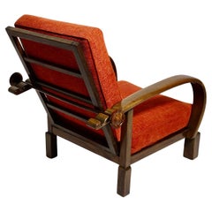 Art Deco Vintage Walnut Coral Orange Lounge Chair Kanadier, circa 1925, Austria