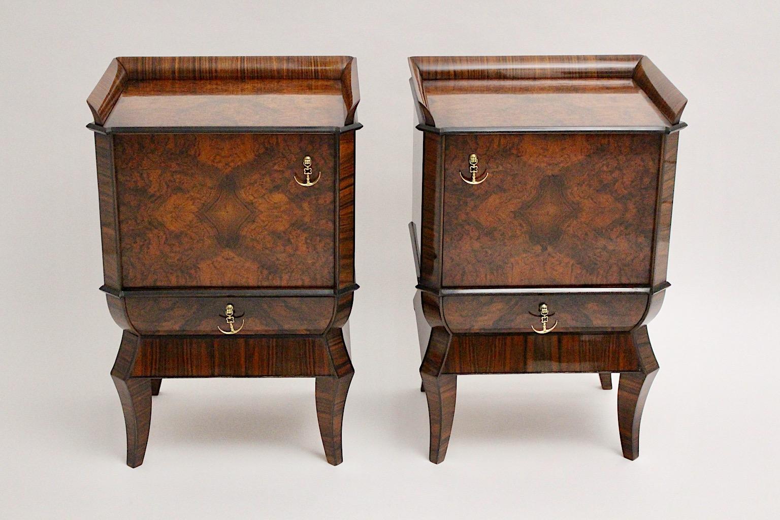 Art Deco vintage pair of nightstand or chests from walnut pagoda - like designed circa 1925 Austria attributed to Hugo Gorge.
Hugo Gorge ( 1883 - 1934 ) was a popular designer and architect in the
interwar period for domestic culture and featured