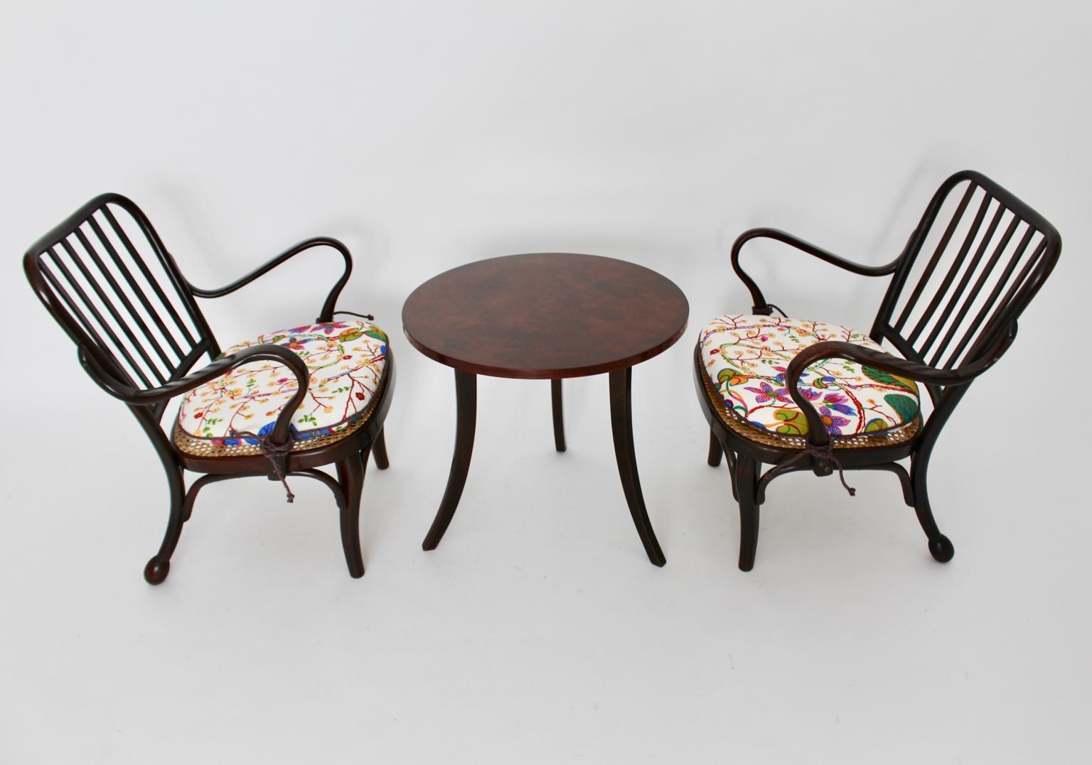 Mid-20th Century Art Deco Vintage Wood Armchairs and Coffee Table by Josef Frank Vienna For Sale