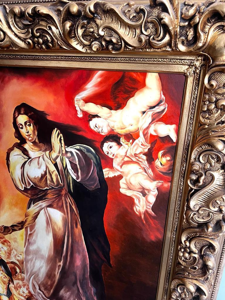 This is a magnificent example of an Art Deco version of Madonna’s Immaculate Conception painted in ca 1920s Era in Vienna.
 Masterfully done, the painting has very dramatic bright Color scheme-typical for this period. It is definitely a great fit