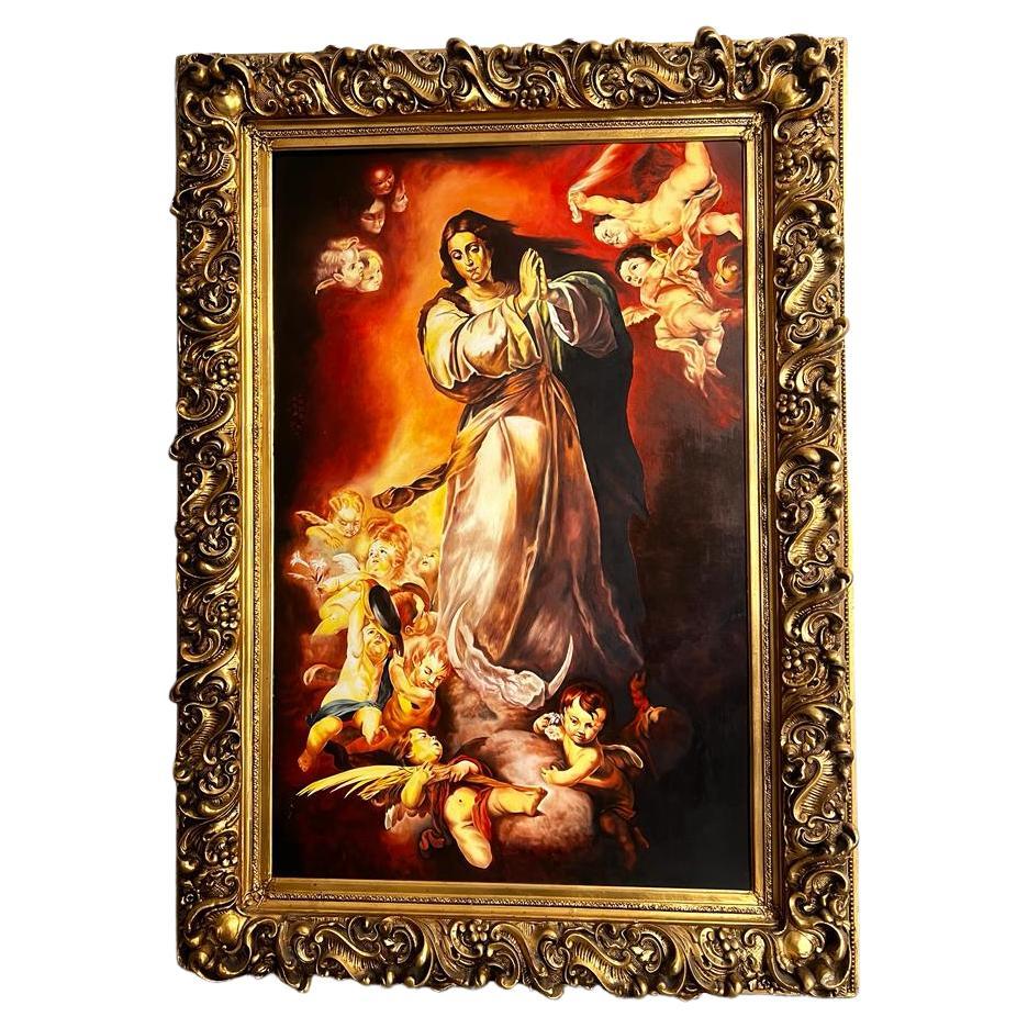 Immaculate Conception, Aquarell der Jungfrau Maria auf Holztafel, Art déco, 1920 im Angebot